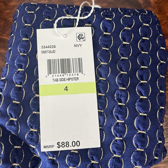 Trina Turk Adeline Tab Side Hipster BOTTOM Metallic Gold Navy Sizes 4 NWT - Picture 10 of 10